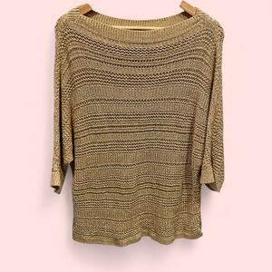 Cute Chico’s chunky golden flax open weave batwing sweater 3/4 sleeve metallic